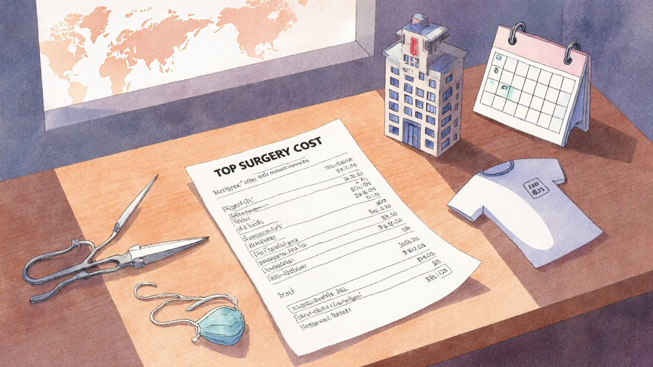 A detailed medical quote on a desk surrounded by icons for surgeon fee, facility, anesthesia, and post‑op care.