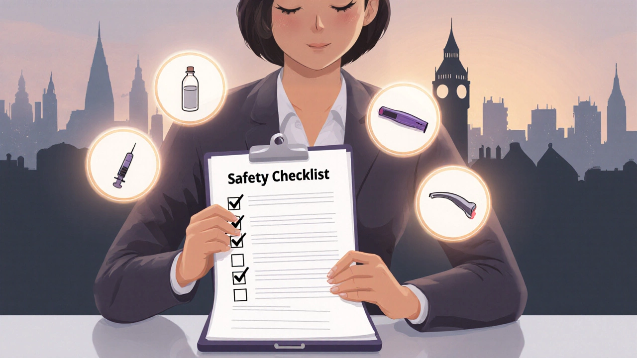 A patient reviewing a safety checklist beside icons of low‑risk cosmetic procedures.