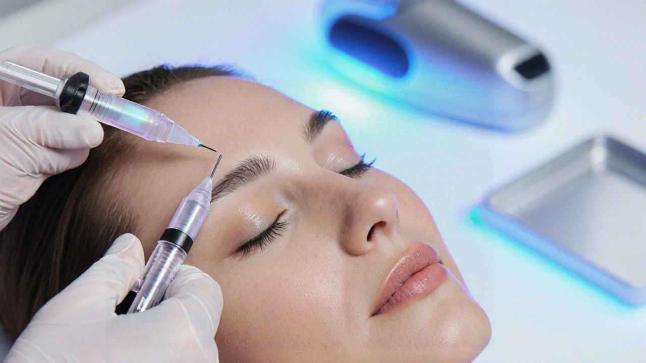 A practitioner injecting Botox and filler while a laser device is visible.
