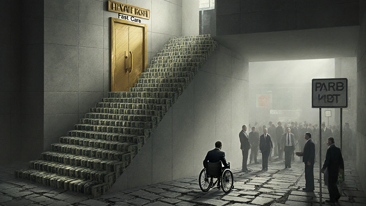A staircase of money leads to a private hospital, while a disabled person struggles on a crumbling path below.