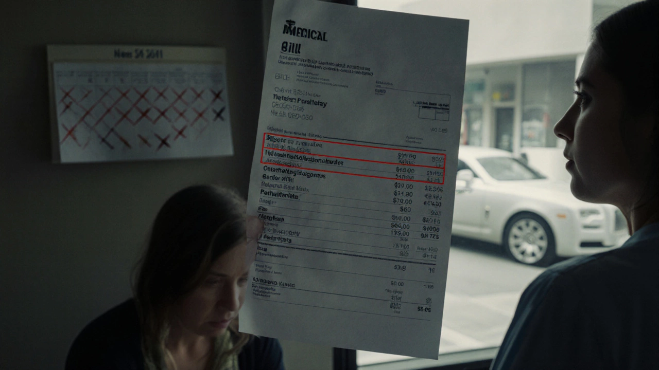A woman stares at an overwhelming medical bill, a luxury car leaving a private clinic in the background.