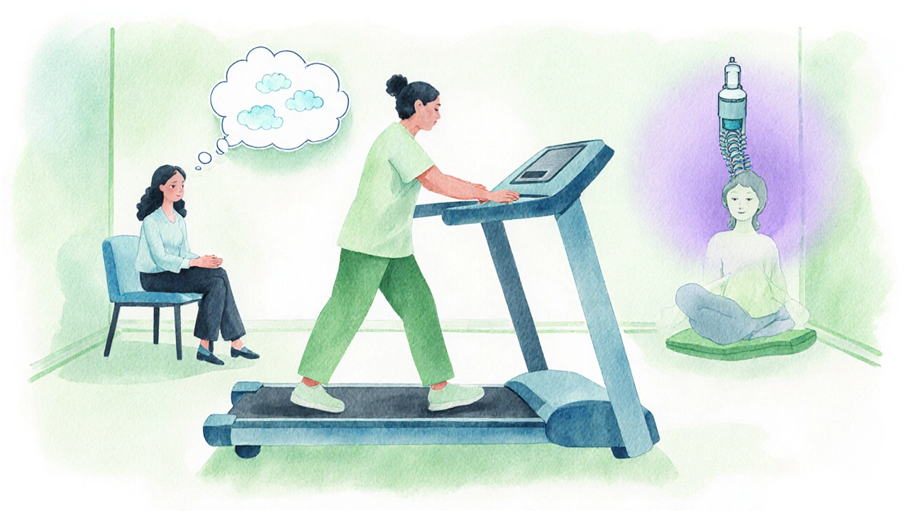 Clinic scene with physiotherapy, CBT talk, mindfulness meditation, and a spinal cord stimulator illustration.