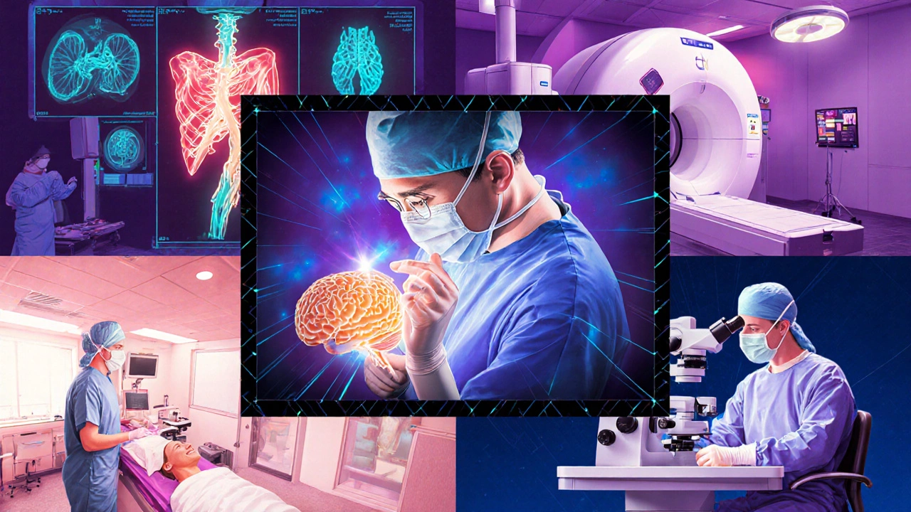 Collage depicting orthopedic, cardiology, oncology, cosmetic, and neurosurgery procedures.