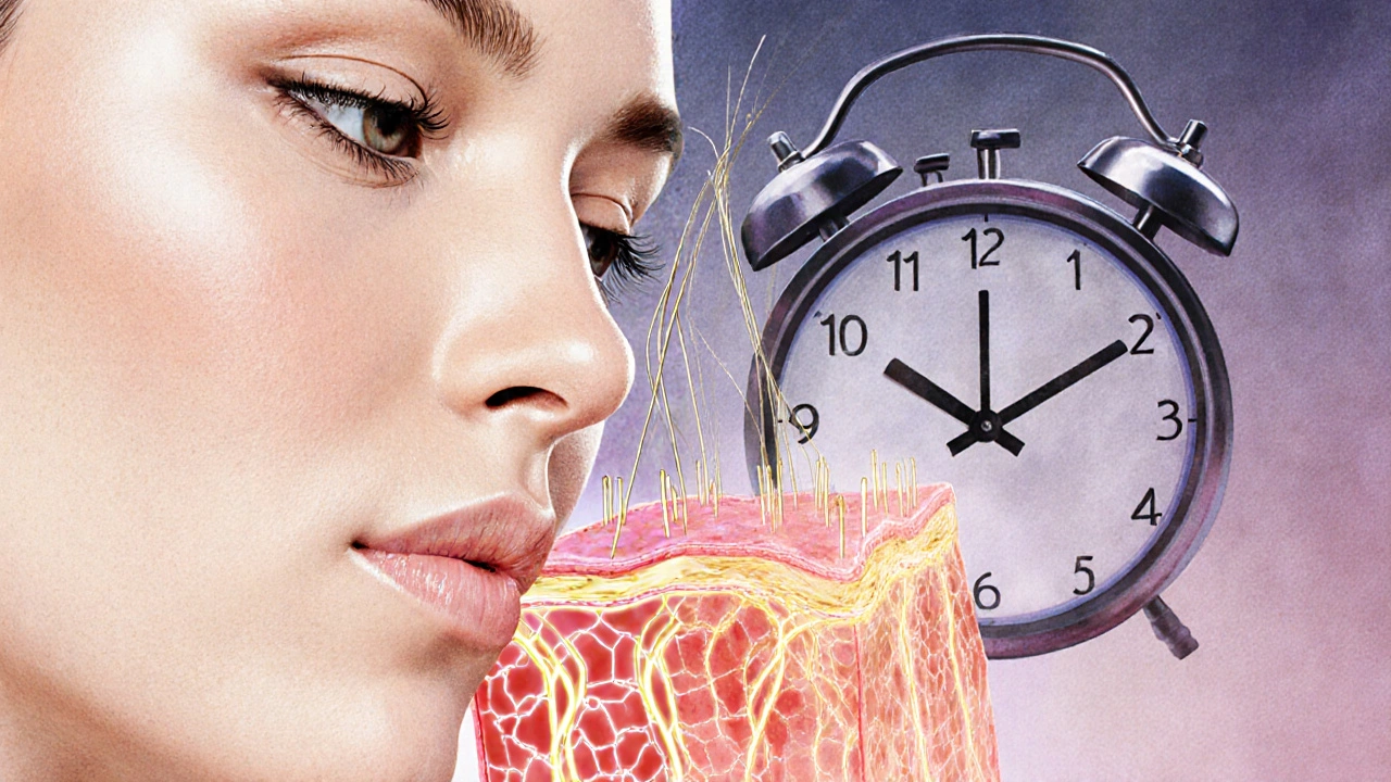 Cross-section of facial skin with dissolvable threads lifting tissue and stimulating collagen.