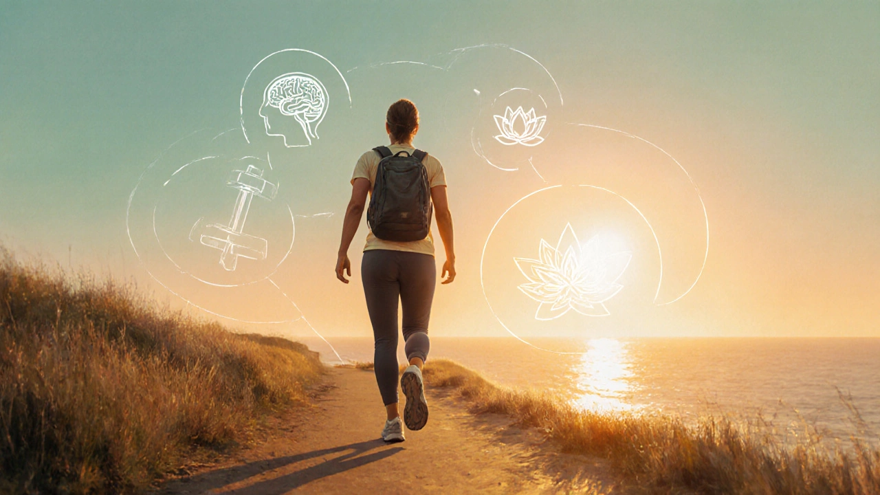 Digital art of a person walking on a bright beach path, with subtle icons of pain‑treatment methods.