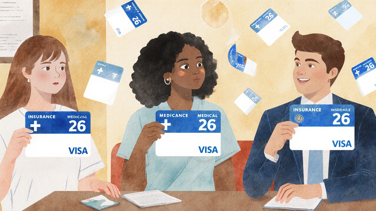 Diverse young adults holding insurance cards with fading '26' expiration dates