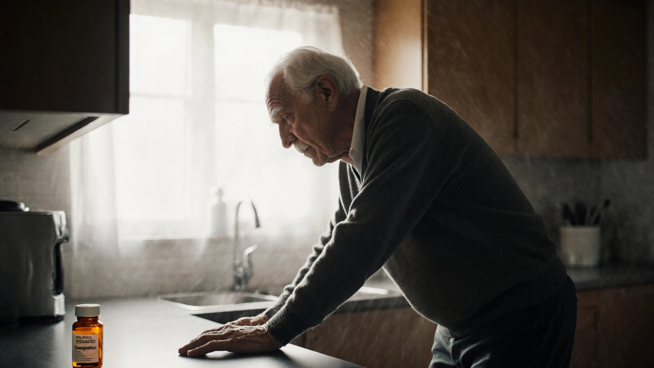 Elderly man appears dizzy and steadies himself on a kitchen counter.