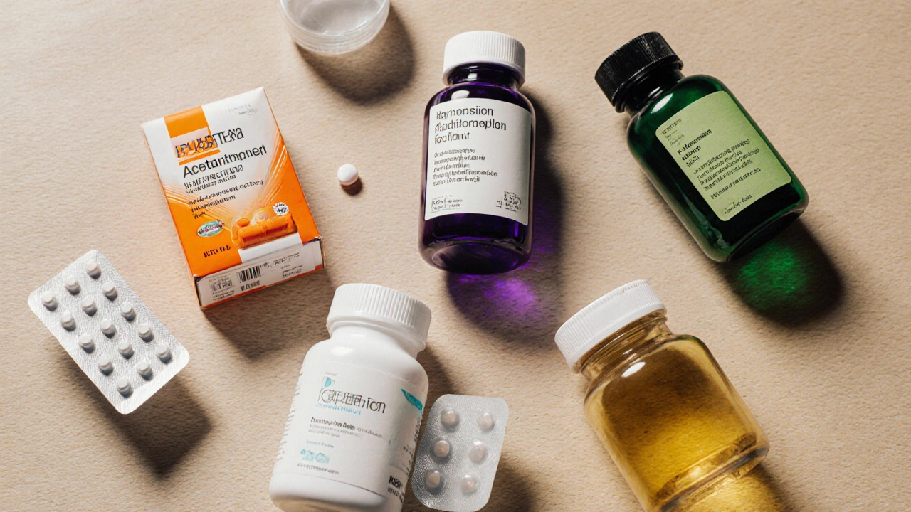 Flat‑lay of various pain medication containers arranged on a wooden surface.