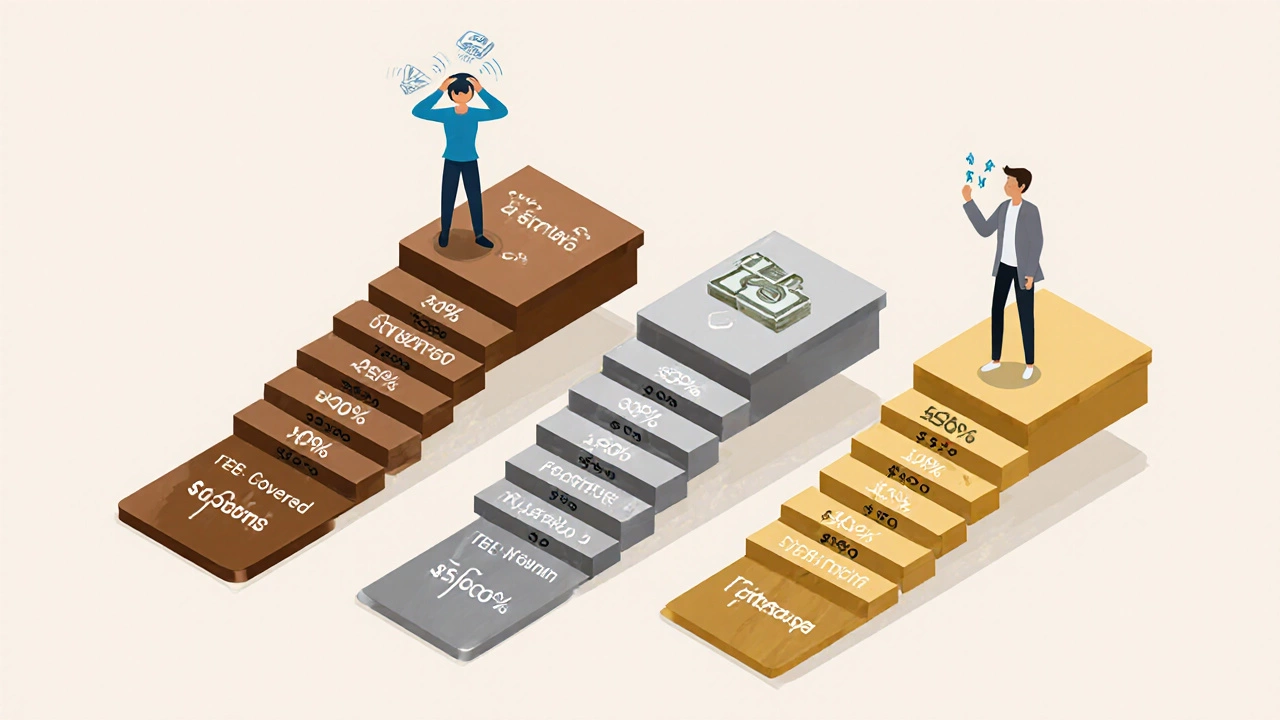 Four metal-tier health plans shown as staircases with cost-sharing percentages, illustrating how coverage increases from Bronze to Platinum.