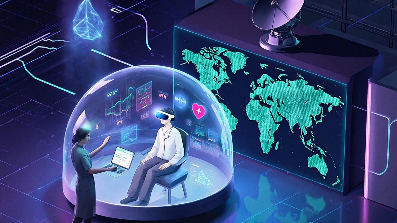 Futuristic health hub with a patient using AR, holographic data, and a virtual doctor.