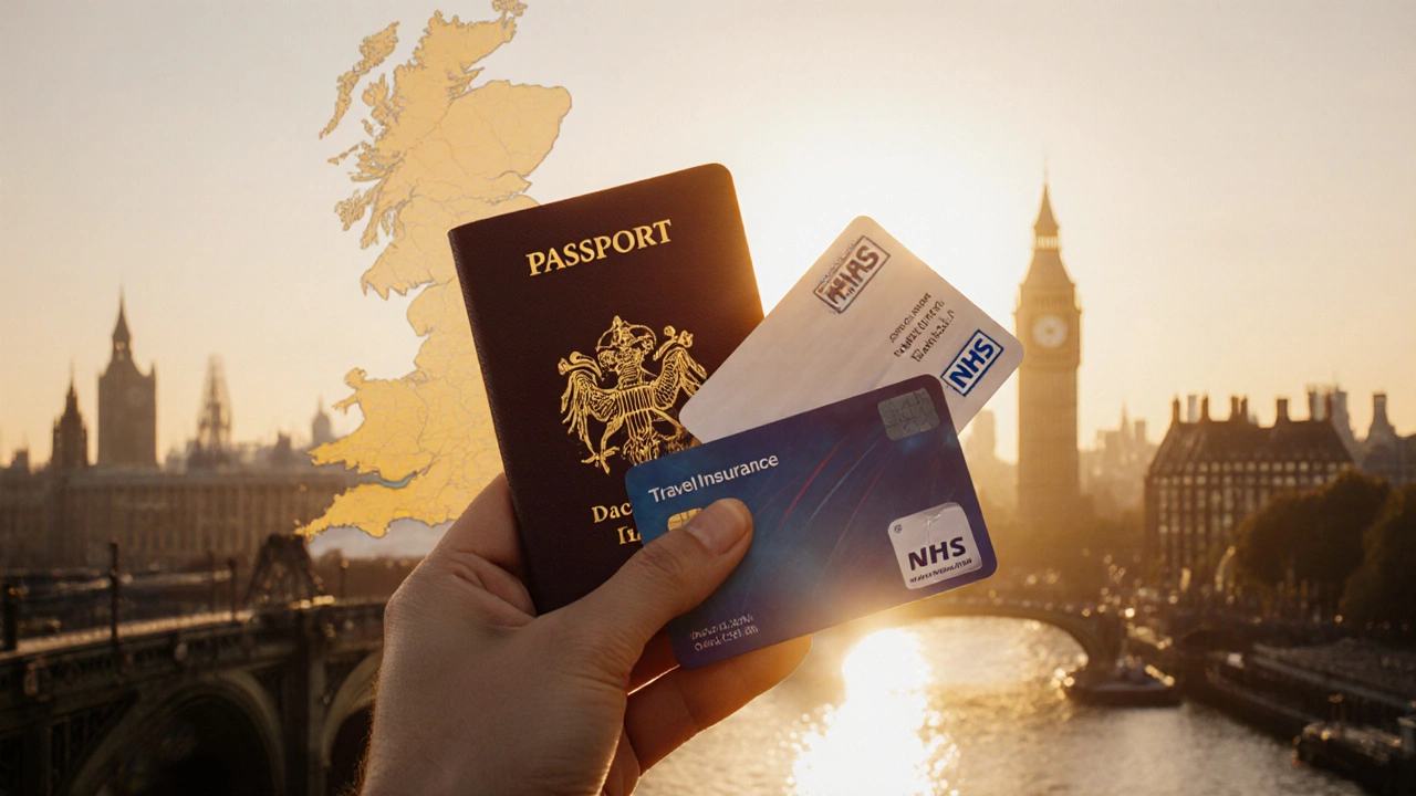 Hand holding passport and insurance cards with UK map background.