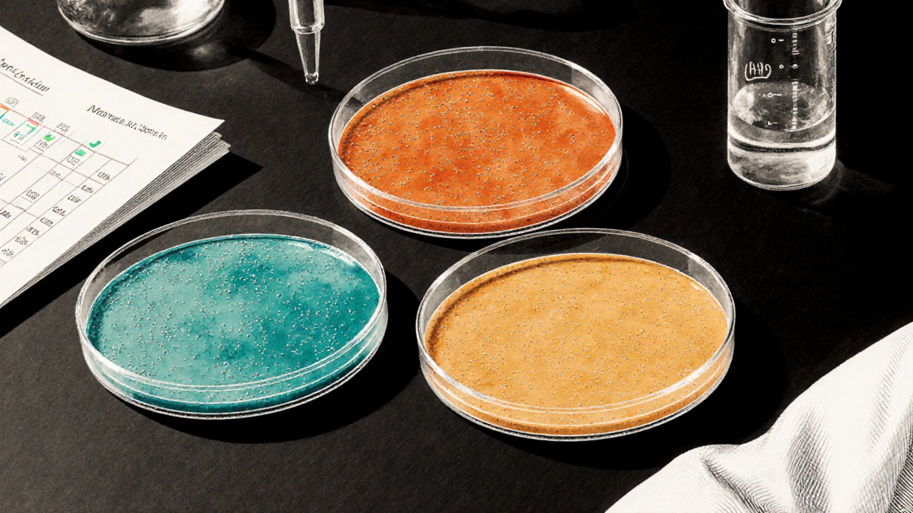Illustrated petri dishes showing colored inhibition zones for oregano oil, garlic, and honey.