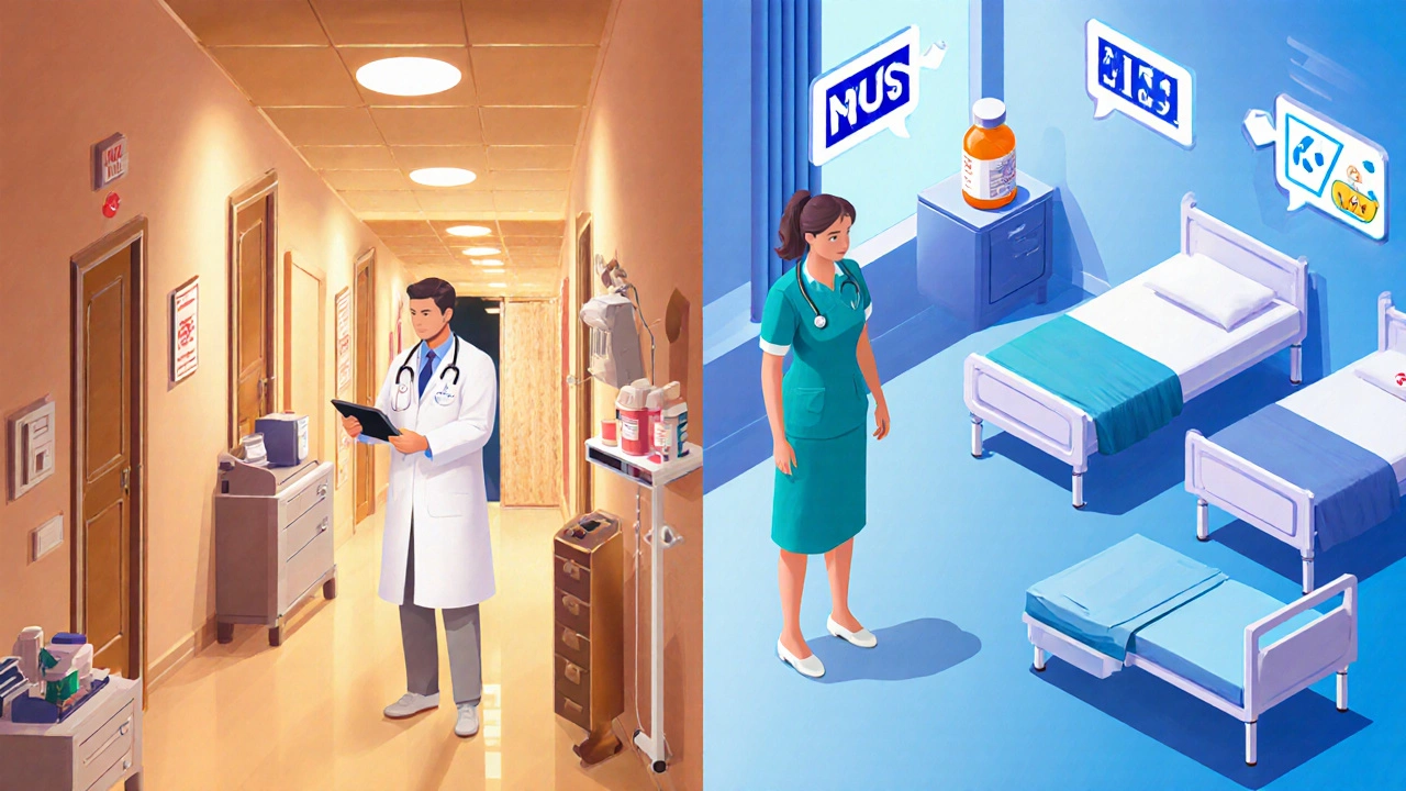 Isometric split view of a pricey US hospital and a modest UK NHS ward.