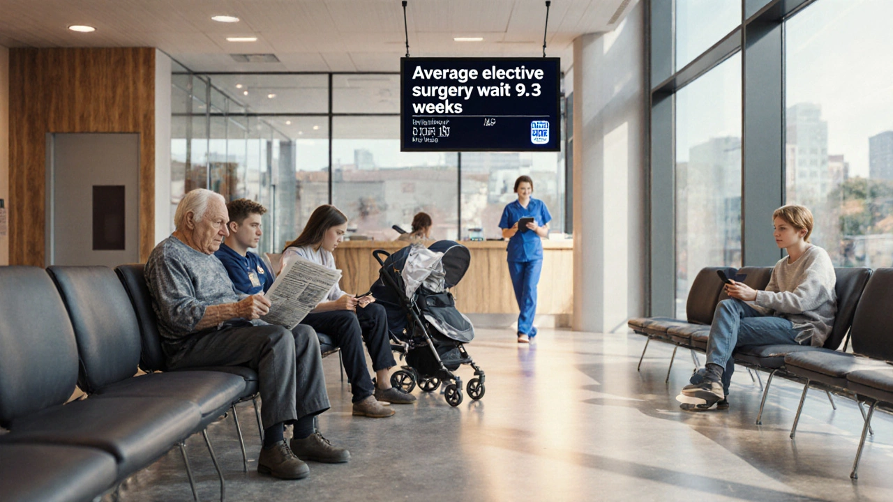 Modern NHS hospital waiting room in London showing patients and a digital queue board.
