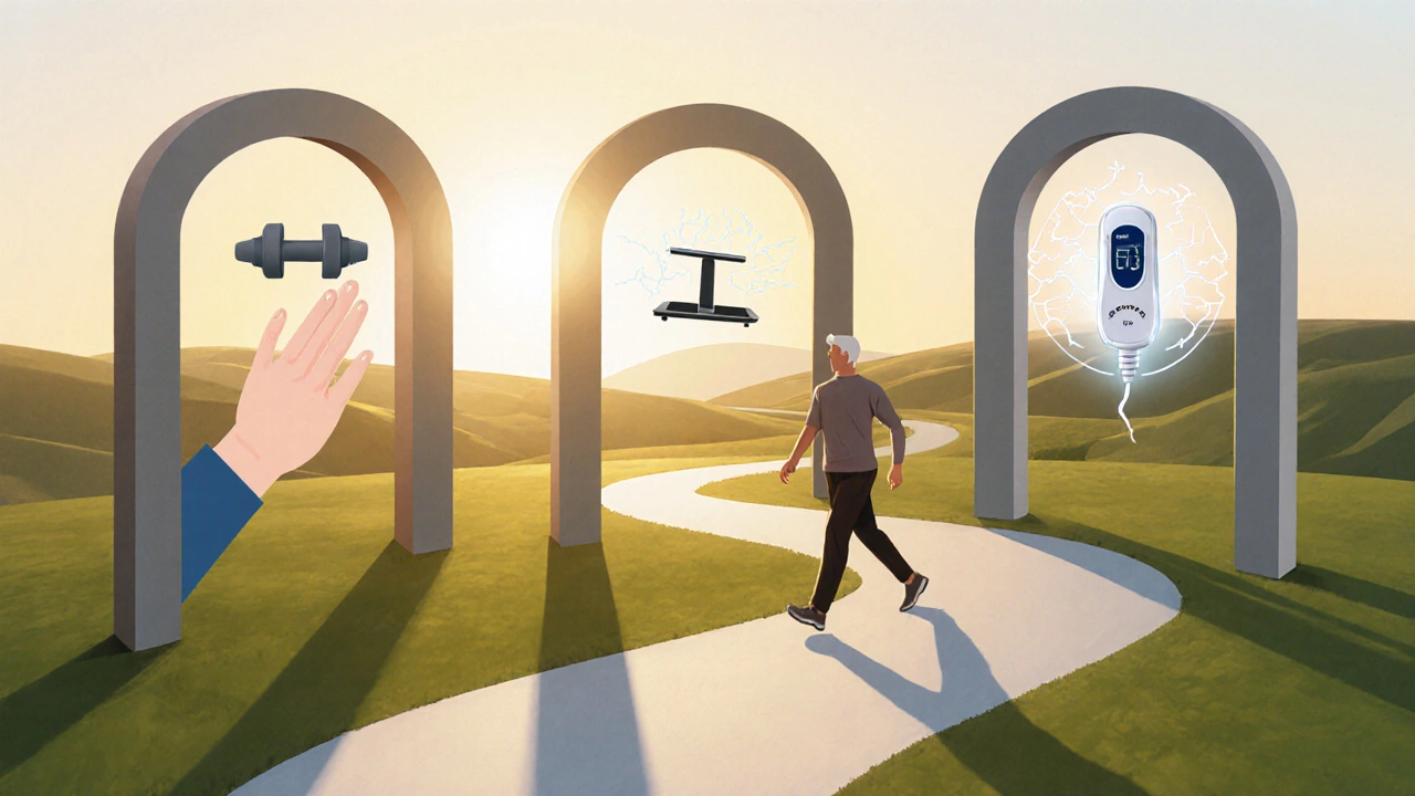 Outdoor path with three arches symbolizing manual, exercise, and electrotherapy milestones.