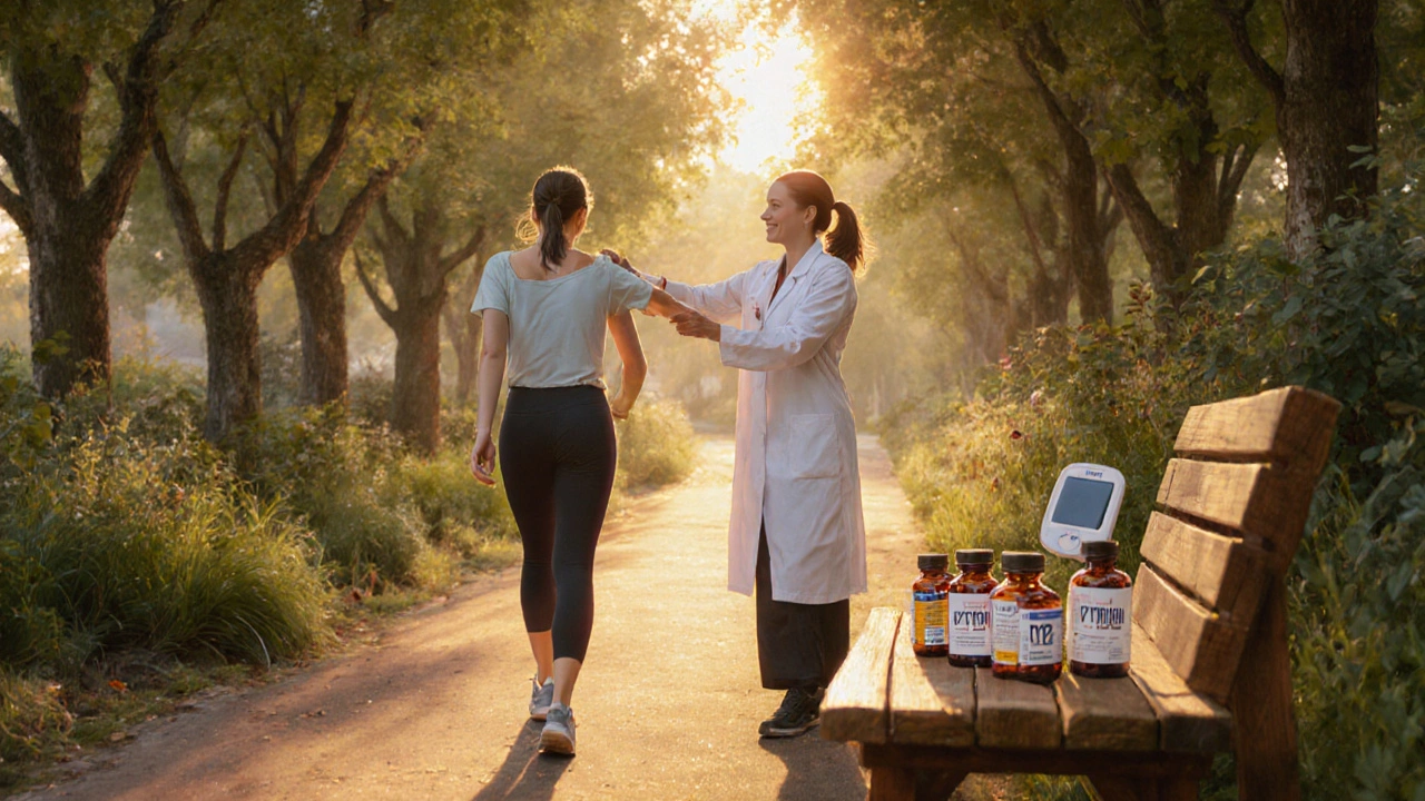 Outdoor walk with physiotherapist, vitamin bottles and glucose monitor, illustrating long‑term pain management.