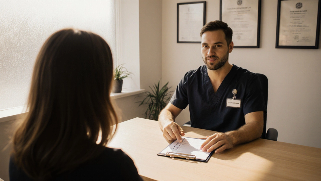 Patient consulting a board‑certified surgeon with a safety checklist in a bright clinic.