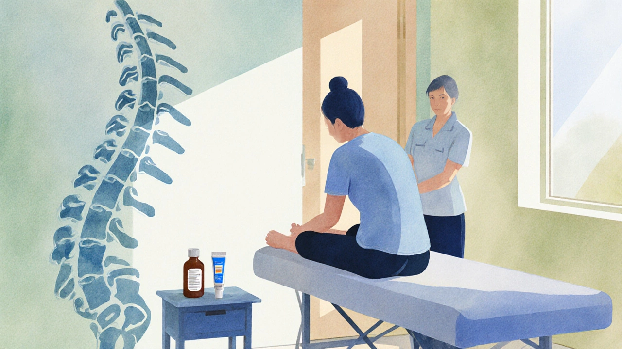 Patient doing a stretch in a physiotherapy studio with medication items nearby, showing combined treatment.