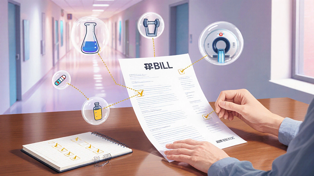 Patient examining a medical bill surrounded by icons for ancillary services.