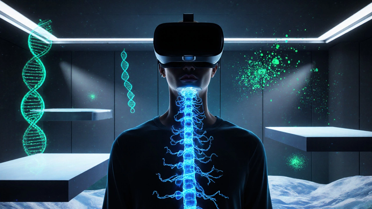 Patient in VR therapy with neon neural pathways dimming and DNA hologram indicating personalized treatment.