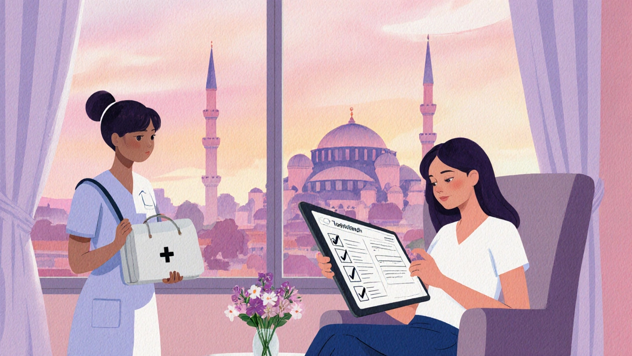 Patient reviewing checklist in a pastel recovery room with nurse and sunset view.