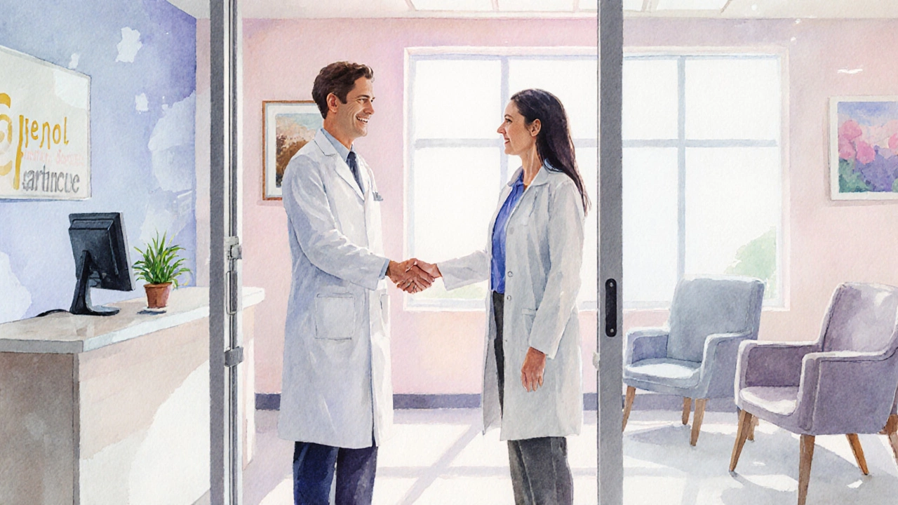 Patient shaking hands with doctor in a bright, welcoming GP clinic.