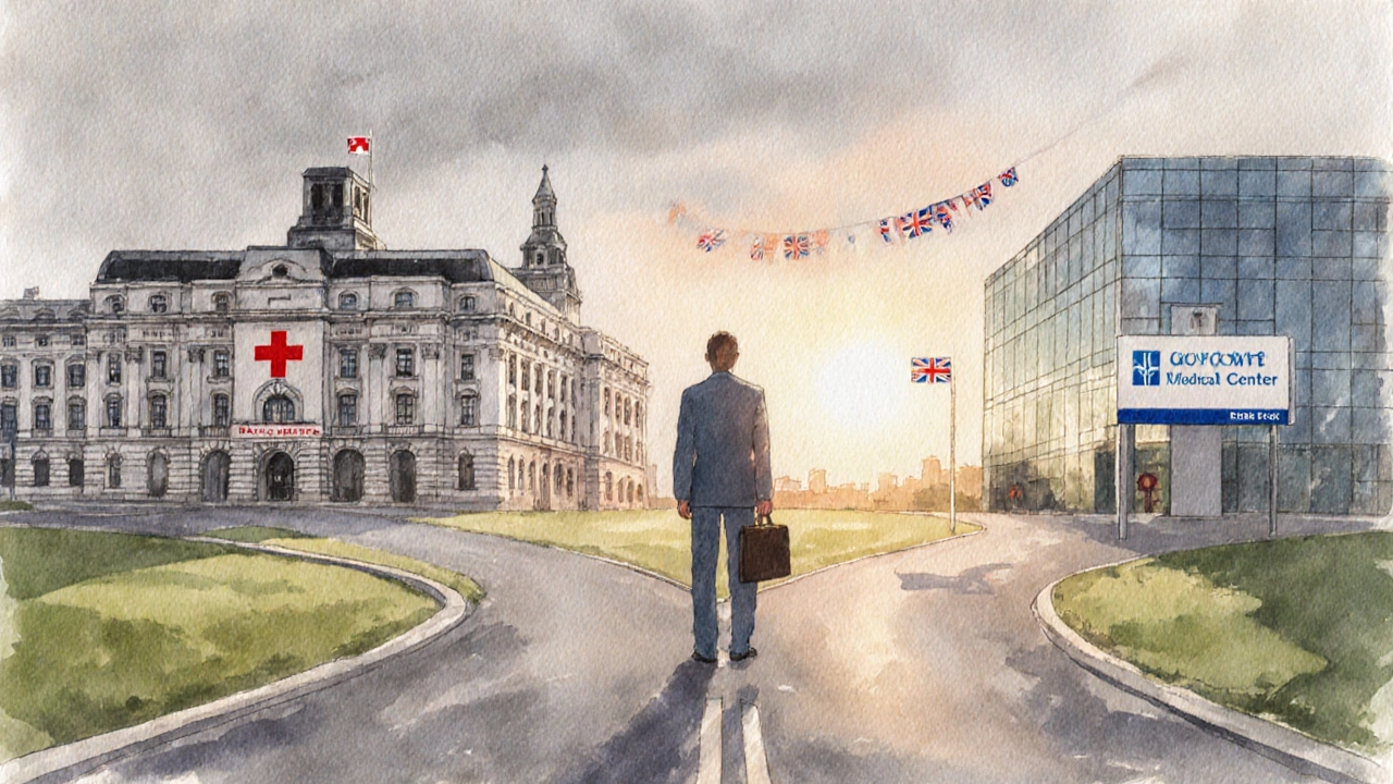 Person at a crossroads choosing between a historic public hospital and a sleek private medical center.