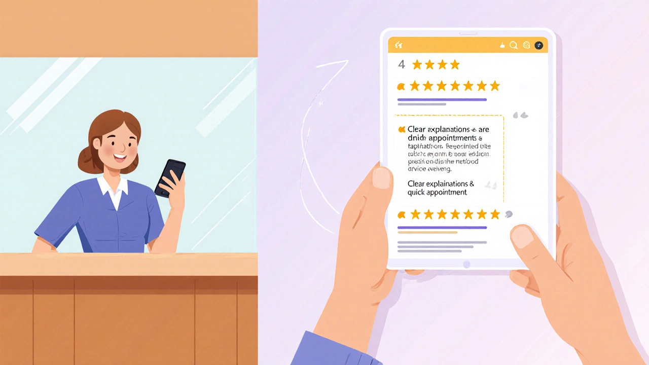 Phone call to clinic next to tablet showing patient review stars and comments.