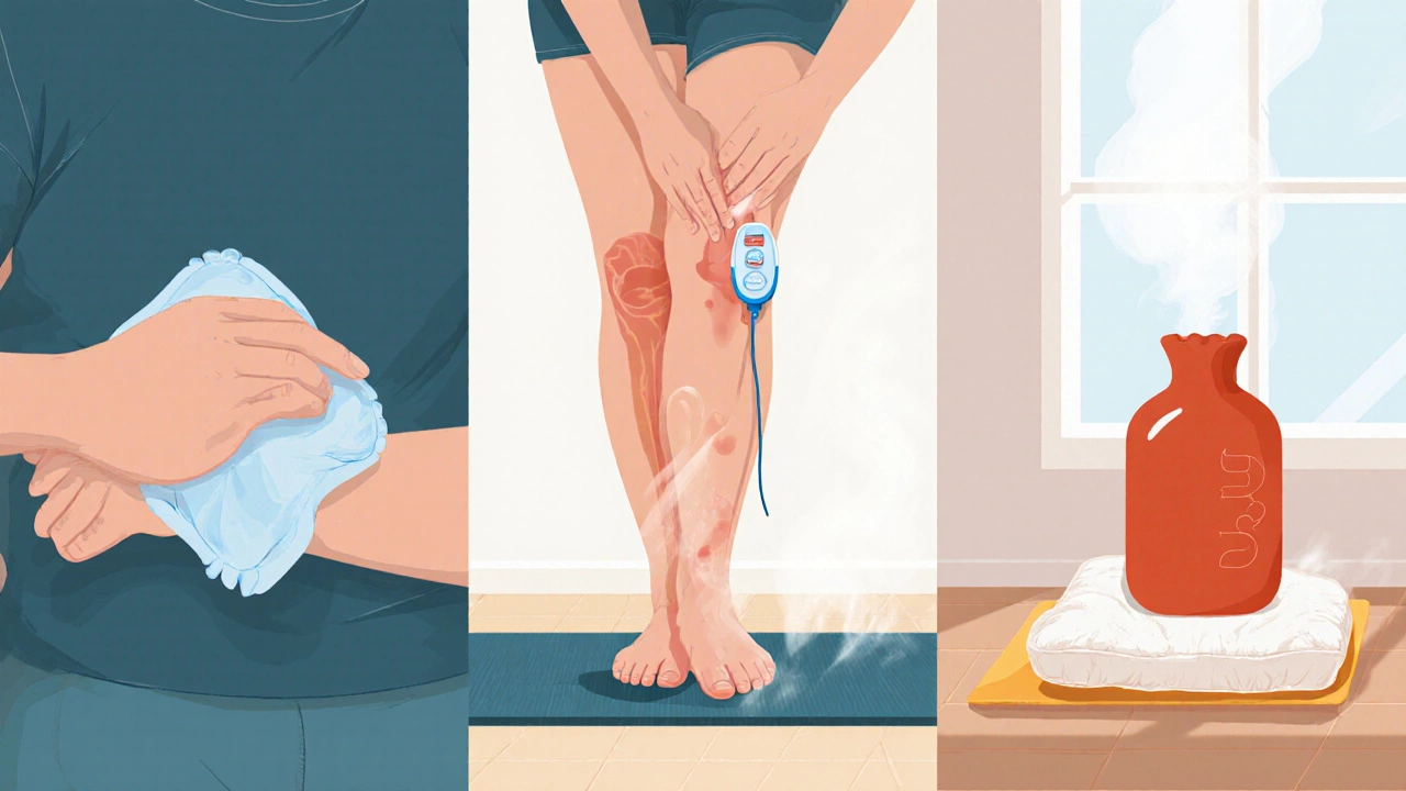 Self‑care scene showing cold pack, heat compress, gentle stretch, and a TENS unit on the leg.
