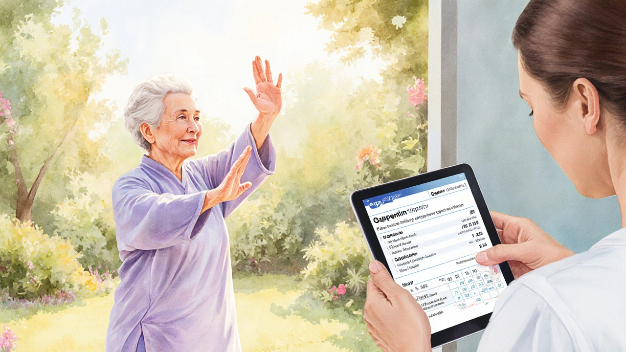 Senior woman does Tai Chi while a nurse reviews kidney function and medication.