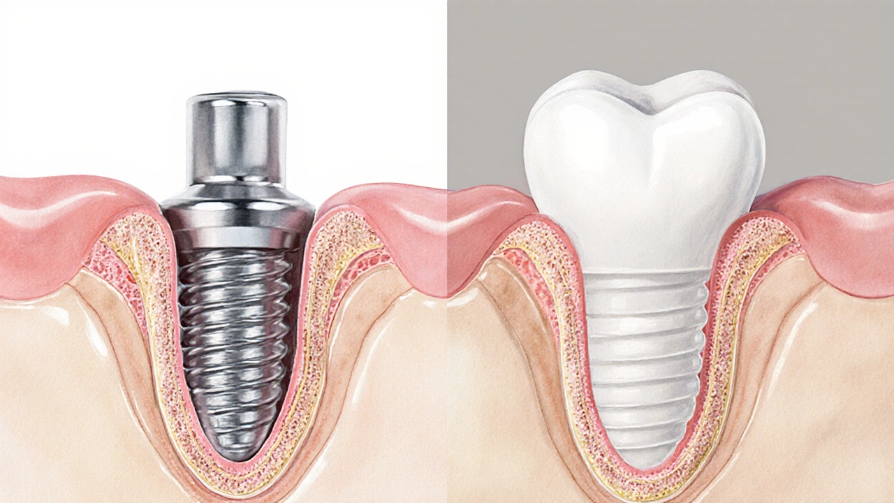 Side‑by‑side cross‑section showing titanium implant on left and zirconia implant on right in jawbone.