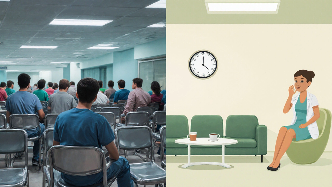 Side‑by‑side scene showing long wait in a public hospital versus quick service in a private clinic.