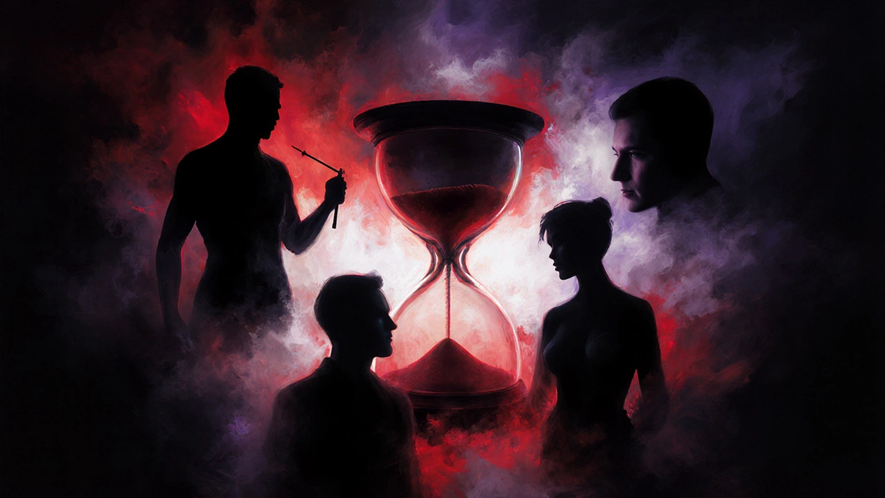 Silhouette collage of high‑risk cosmetic surgeries with an hourglass and swirling red clouds.