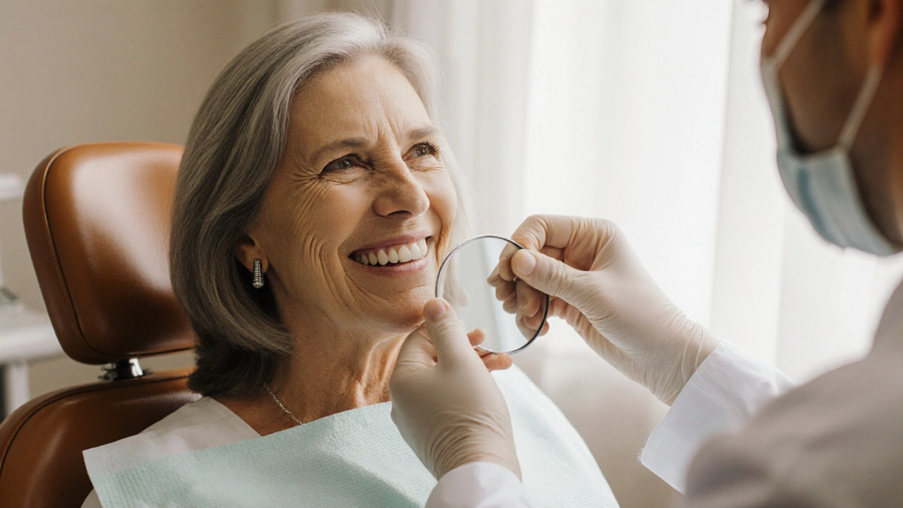 Smiling woman in dentist office, dentist examining her implant area.