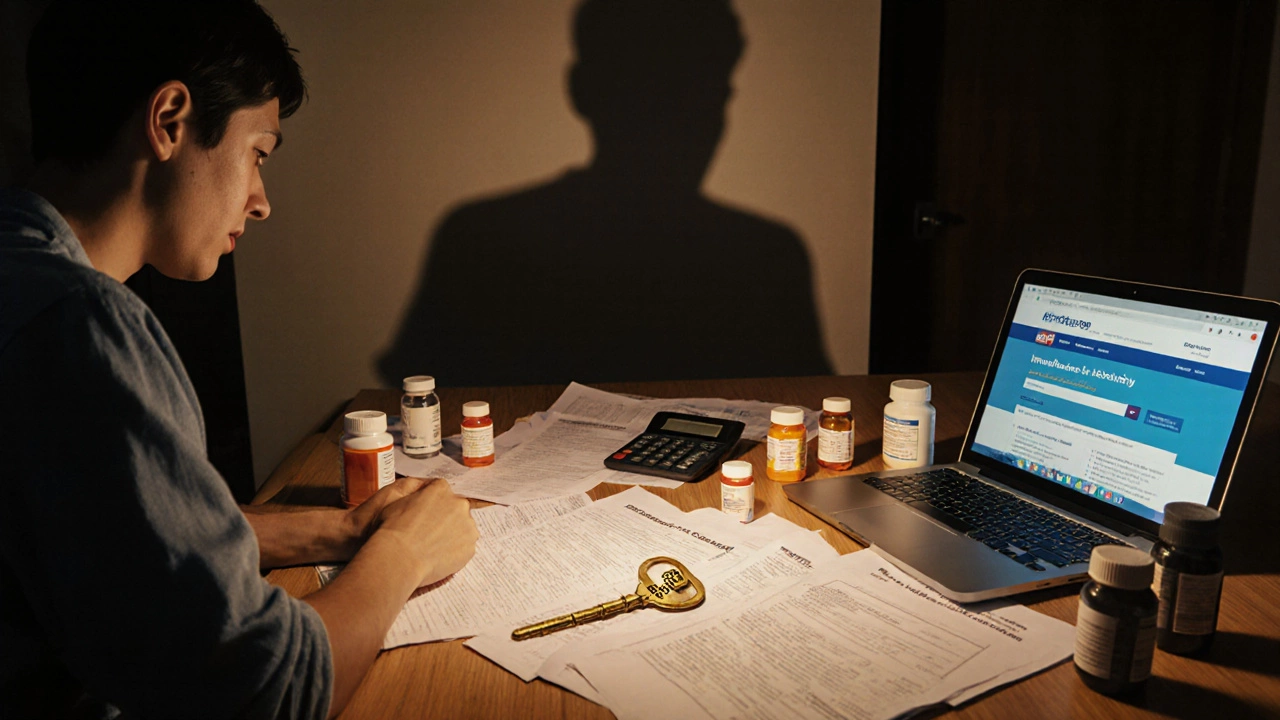 Someone at a kitchen table navigating health insurance documents with a glowing subsidy key, while a hospital bill looms in the background.