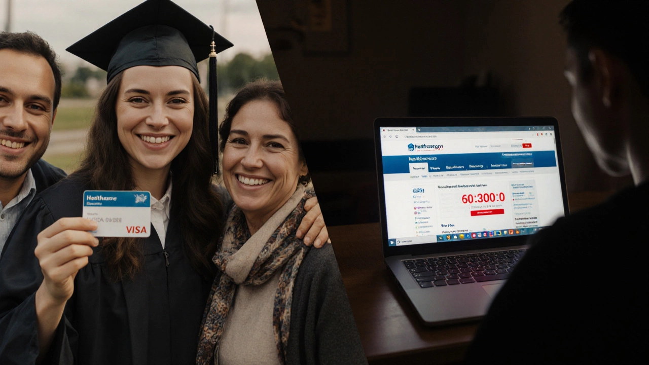 Split image: college graduate with parents vs. same person alone facing insurance website