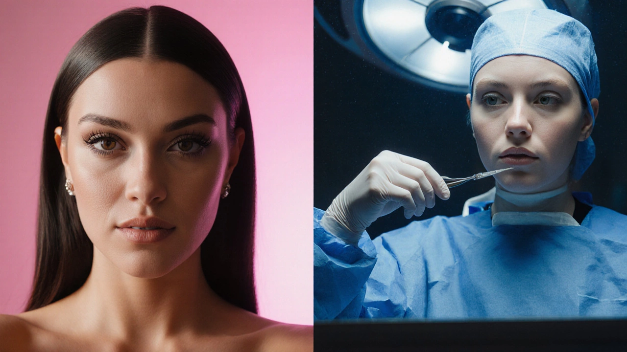 Split scene of a glamorous selfie and its reflection in an operating room.