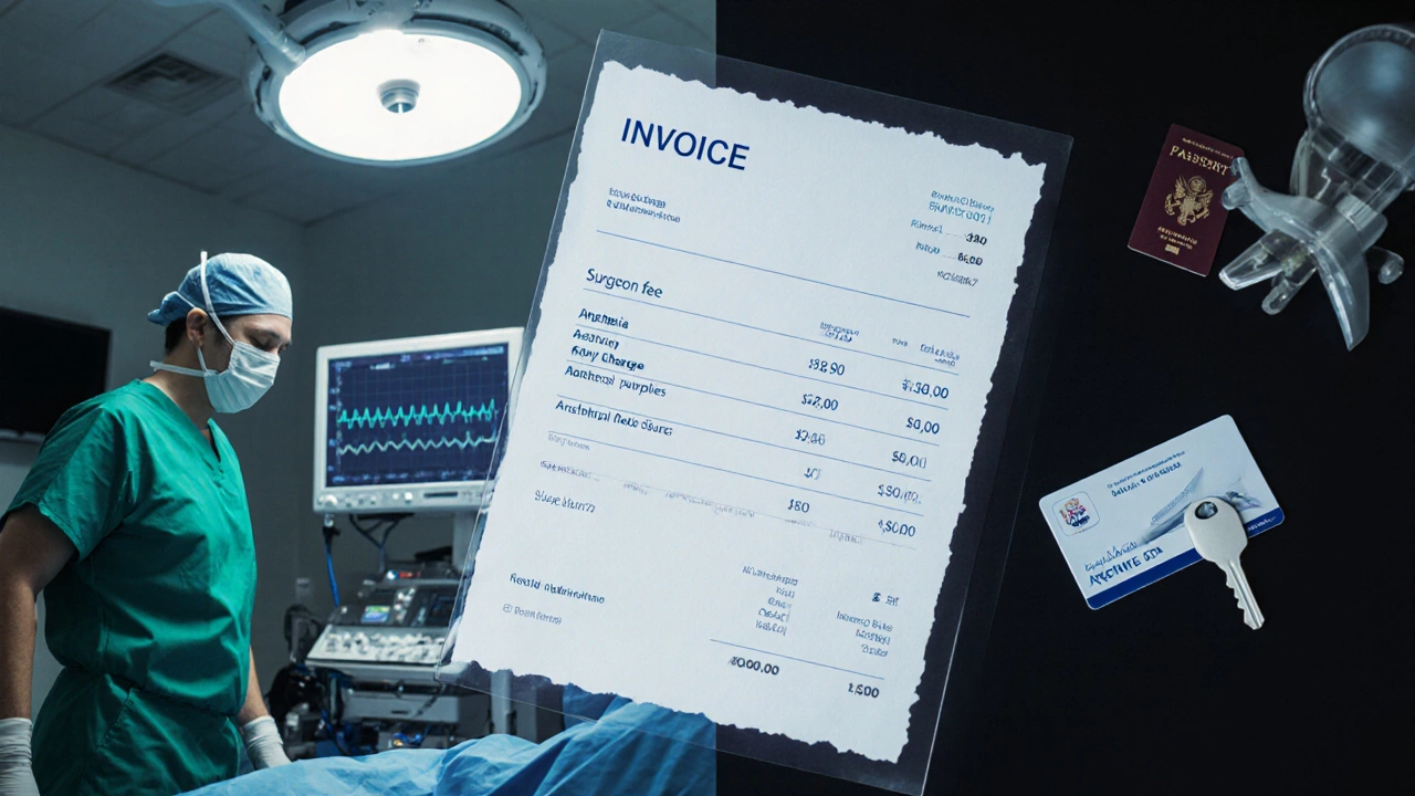 Surgeon operating in clinic next to travel items representing cost breakdown for overseas surgery.
