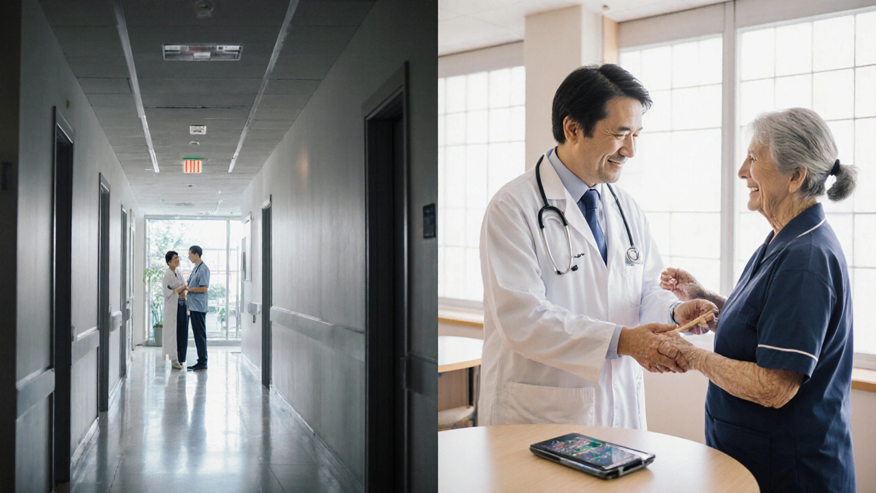 Swiss hospital specialist meeting and Japanese community clinic health check, side by side.