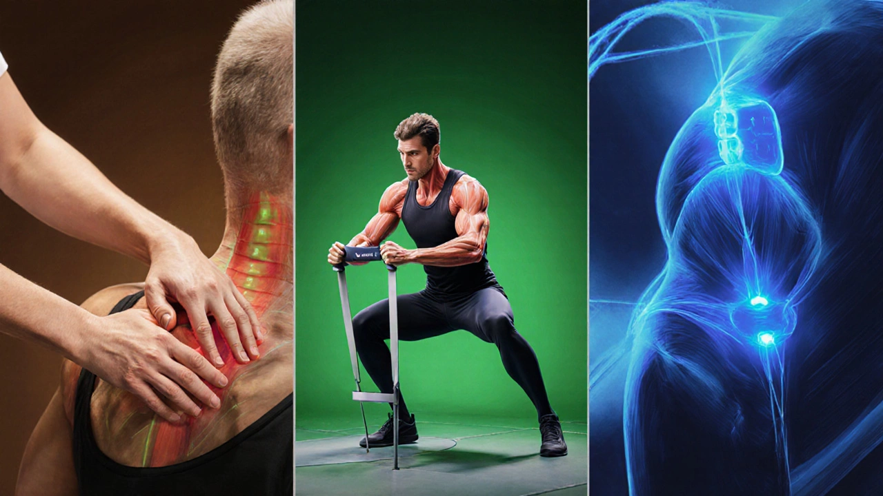 Three panels showing manual therapy, exercise therapy, and electrotherapy in one illustration.