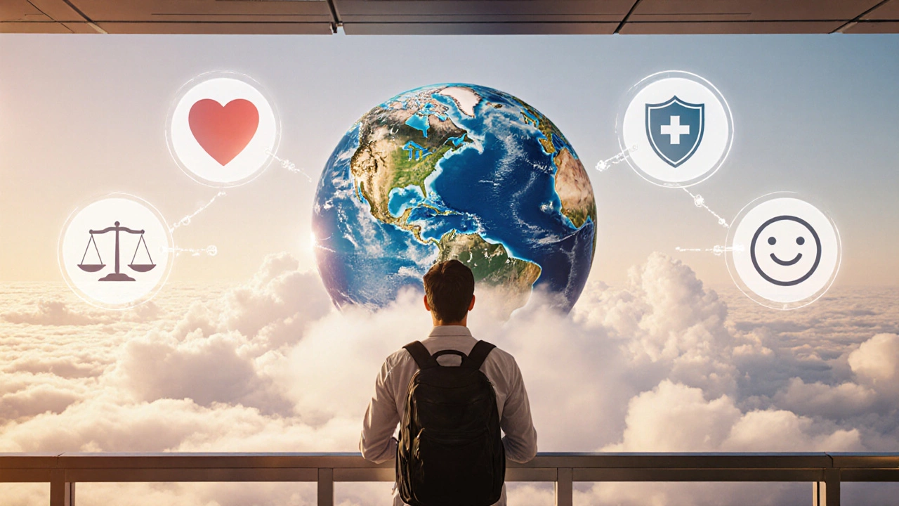 Traveler contemplating a globe surrounded by icons for health outcomes, equity, financial protection, and patient experience.