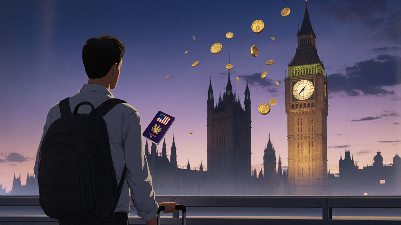 Traveler with suitcase looking at a UK hospital silhouette at dusk, symbolizing medical tourism.