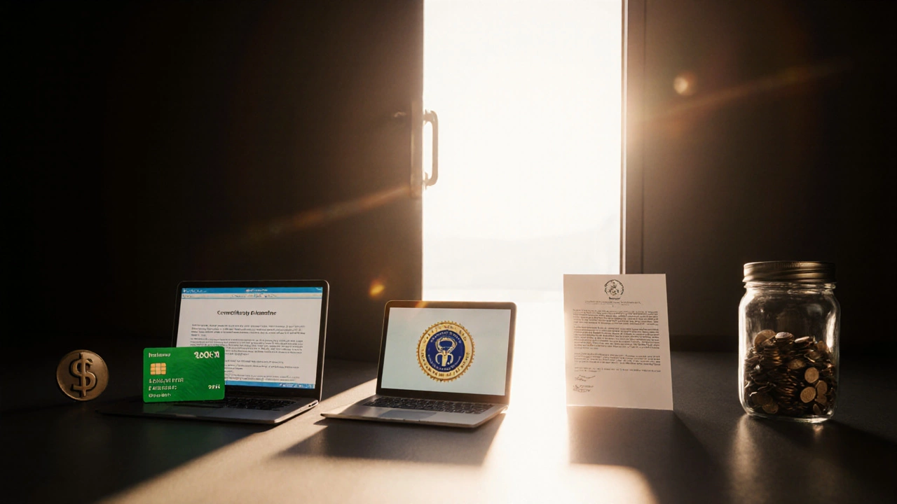Various funding sources – insurance card, loan paper, crowdfunding screen, grant letter, savings jar – converge toward a surgical door, symbolizing a funded top surgery.