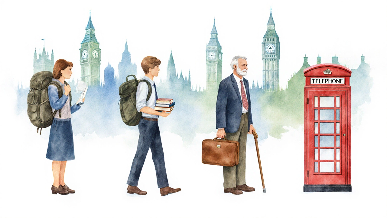 Watercolor of tourist, student, worker, and retiree with UK landmarks.