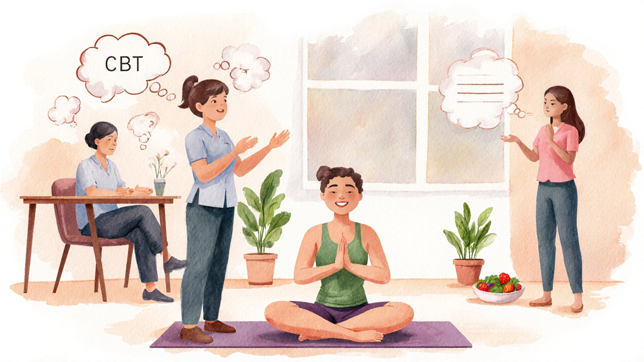 Watercolor scene of therapist, CBT counselor, mindfulness guide, and nutritionist working together.