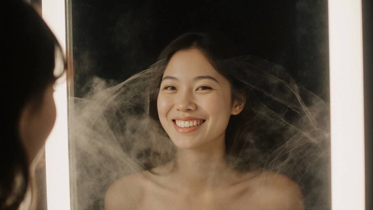 Woman's reflection showing subtle lift as threads dissolve into mist behind her.