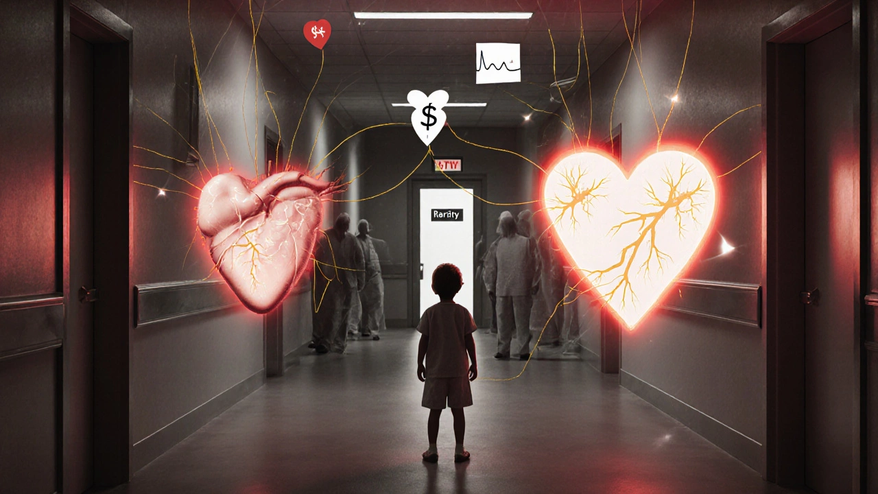 A child between a frail and a strong glowing heart, symbolizing the rarity and cost of life-saving surgery.
