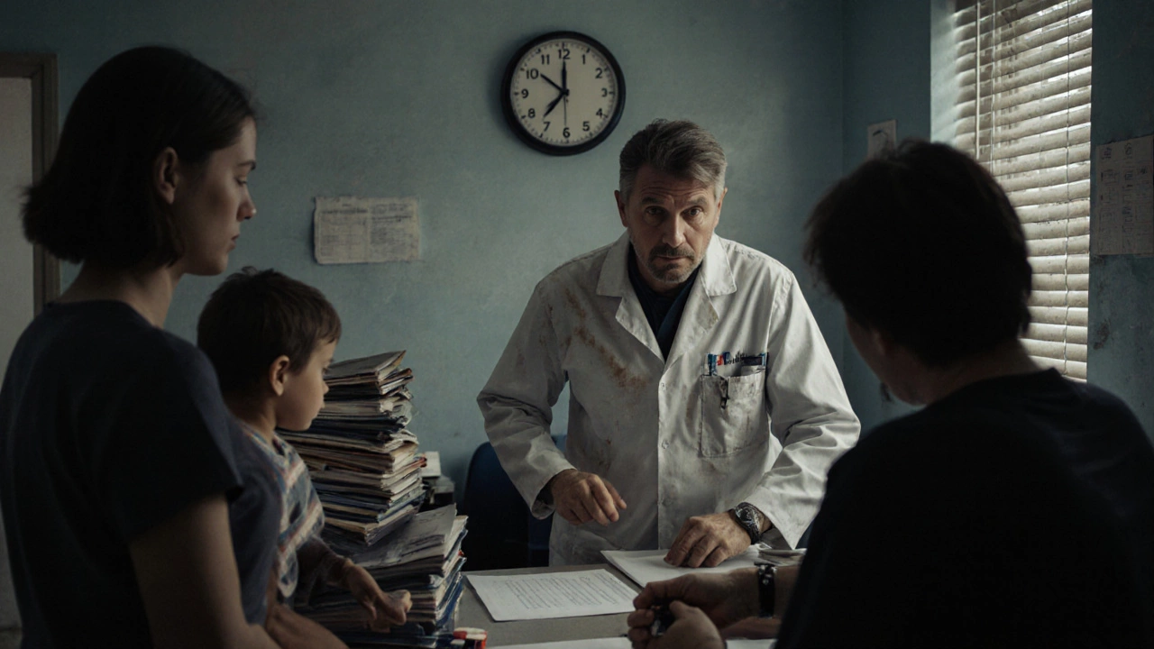 A doctor rushing through back-to-back appointments in a busy clinic, surrounded by patient files.