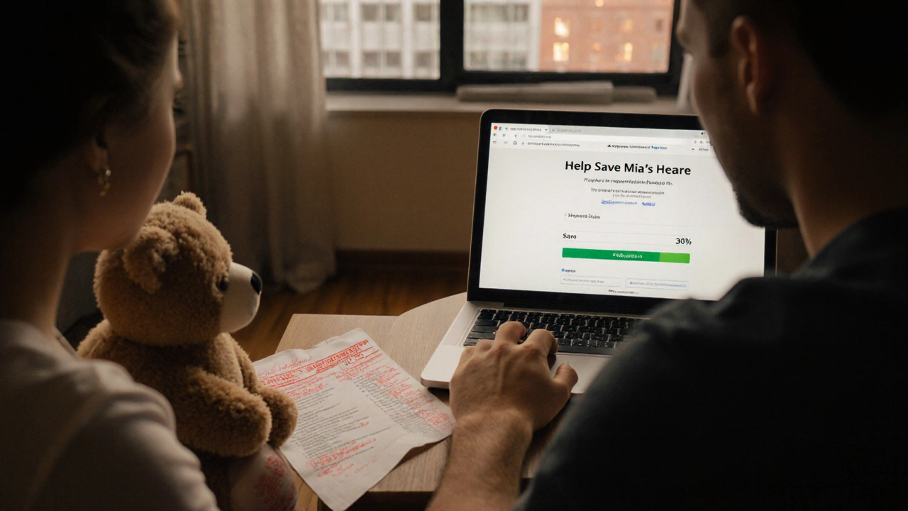 A family gathered around a laptop showing a crowdfunding page for a rare heart surgery.