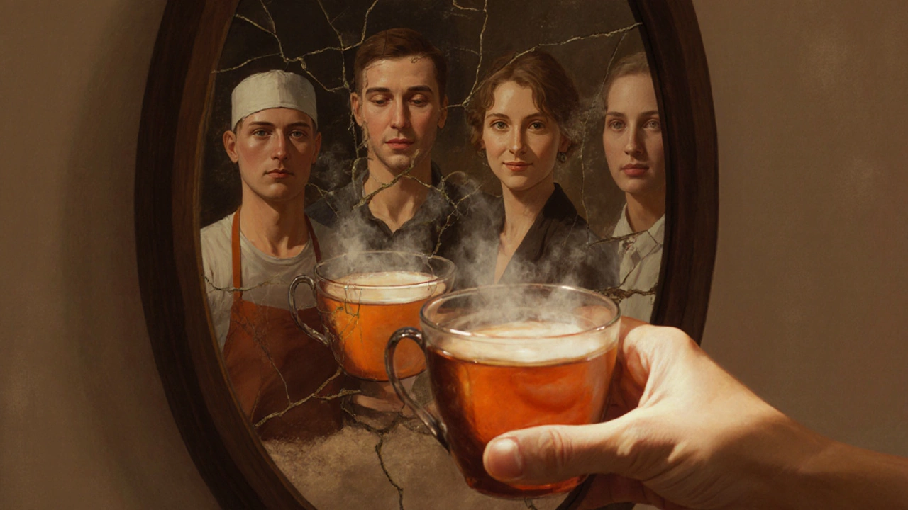 A hand holding tea as fractured reflections show lost versions of oneself.